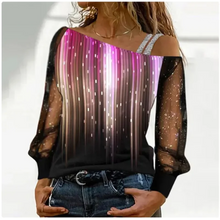 Load image into Gallery viewer, Silver Shoulder Strap Transparent Sleeves Sequins Blouse Women&#39;s Sexy T-shirt Christmas Tree Printed Long Sleeved Top
