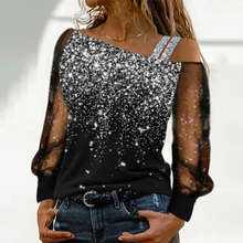 Load image into Gallery viewer, Silver Shoulder Strap Transparent Sleeves Sequins Blouse Women&#39;s Sexy T-shirt Christmas Tree Printed Long Sleeved Top
