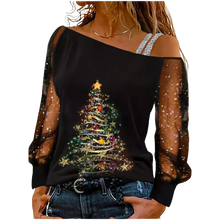 Load image into Gallery viewer, Silver Shoulder Strap Transparent Sleeves Sequins Blouse Women&#39;s Sexy T-shirt Christmas Tree Printed Long Sleeved Top
