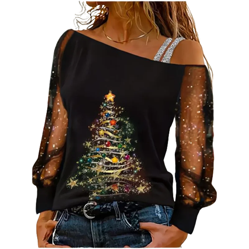 Silver Shoulder Strap Transparent Sleeves Sequins Blouse Women's Sexy T-shirt Christmas Tree Printed Long Sleeved Top