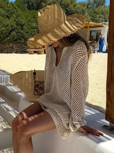 Load image into Gallery viewer, Solid Colour Beach Knit Mini Dress Women&#39;s Summer Sexy Hollow Out Long Sleeve Swimsuit Cover Up Boho Holiday Loose Beachwear K17
