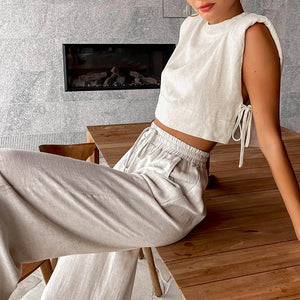 Spring Summer 2023 Women Holiday Linen Pant Set Crop Tops Solid Outfits 2 Two Piece Matching Set For Women