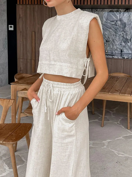 Spring Summer 2023 Women Holiday Linen Pant Set Crop Tops Solid Outfits 2 Two Piece Matching Set For Women