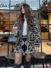 Load image into Gallery viewer, Street Print Coat Shorts Set Women Loose O-neck Lantern Cardigans Elastic Shorts Female Suit 2024 Autumn Fashion Y2k Lady Outfit
