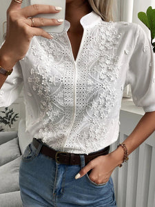 Summer Floral Embroidery Lace Blouse Fashion Women V Neck Casual Shirt Chic Short Sleeve Hollow Out Tops Elegant Blusas 24350