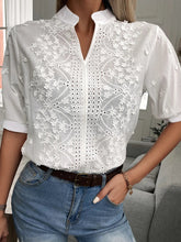 Load image into Gallery viewer, Summer Floral Embroidery Lace Blouse Fashion Women V Neck Casual Shirt Chic Short Sleeve Hollow Out Tops Elegant Blusas 24350
