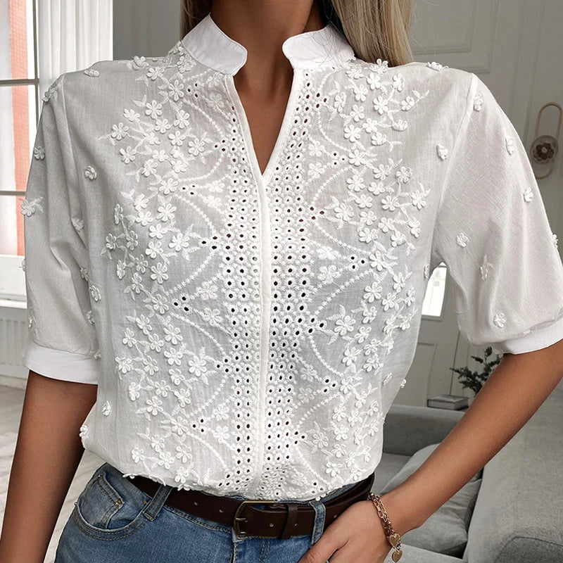 Summer Floral Embroidery Lace Blouse Fashion Women V Neck Casual Shirt Chic Short Sleeve Hollow Out Tops Elegant Blusas 24350