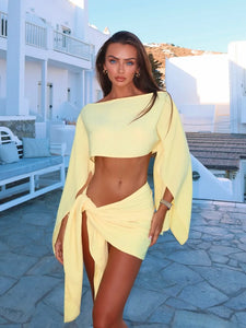 Summer Lady Highstreet Outfits Cotton Linen Long Pagoda Sleeve Crop Top Women 2 Piece Set One Piece Twisted Knot Mini Skirt Suit