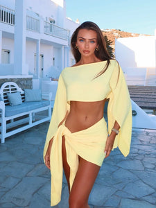 Summer Lady Highstreet Outfits Cotton Linen Long Pagoda Sleeve Crop Top Women 2 Piece Set One Piece Twisted Knot Mini Skirt Suit