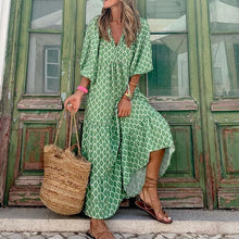 Load image into Gallery viewer, Summer Puff Sleeve Boho Maxi Dress Women Elegant 2024 Casual Floral Drawstring V-Neck Loose Holiday Beach Dresses Party Vestidos
