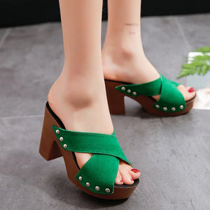 Summer Women Sandals Square High Heel Platform Flock Casual Rivet Pumps Peep Toe Female Elegant Ladies Shoes Zapatos De Mujer