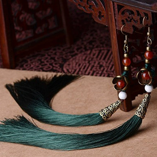 Ethnic Style Super Long Dark Green Fringed Earrings Exaggerated Earrings