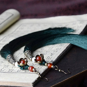 Ethnic Style Super Long Dark Green Fringed Earrings Exaggerated Earrings