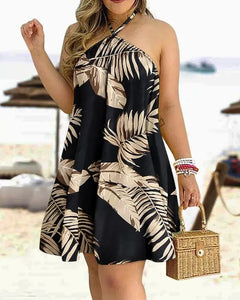 Tropical Print Halter Neck Dress, Vacation Style Backless Dress For Spring & Summer, Women's Clothing