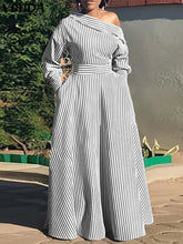 Load image into Gallery viewer, VONDA 2024 Women Elegant Striped Maxi Dress Bohemian Sundress Casual Loose Off Shoulder Long Sleeve Party Vestidos Robe Femme
