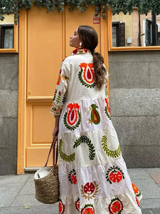 Vintage Flower Print Single Breasted Long Dress Women Elegant Lapel Half Sleeves Loose Hem Dresses 2024 Female Vocation Vestidos