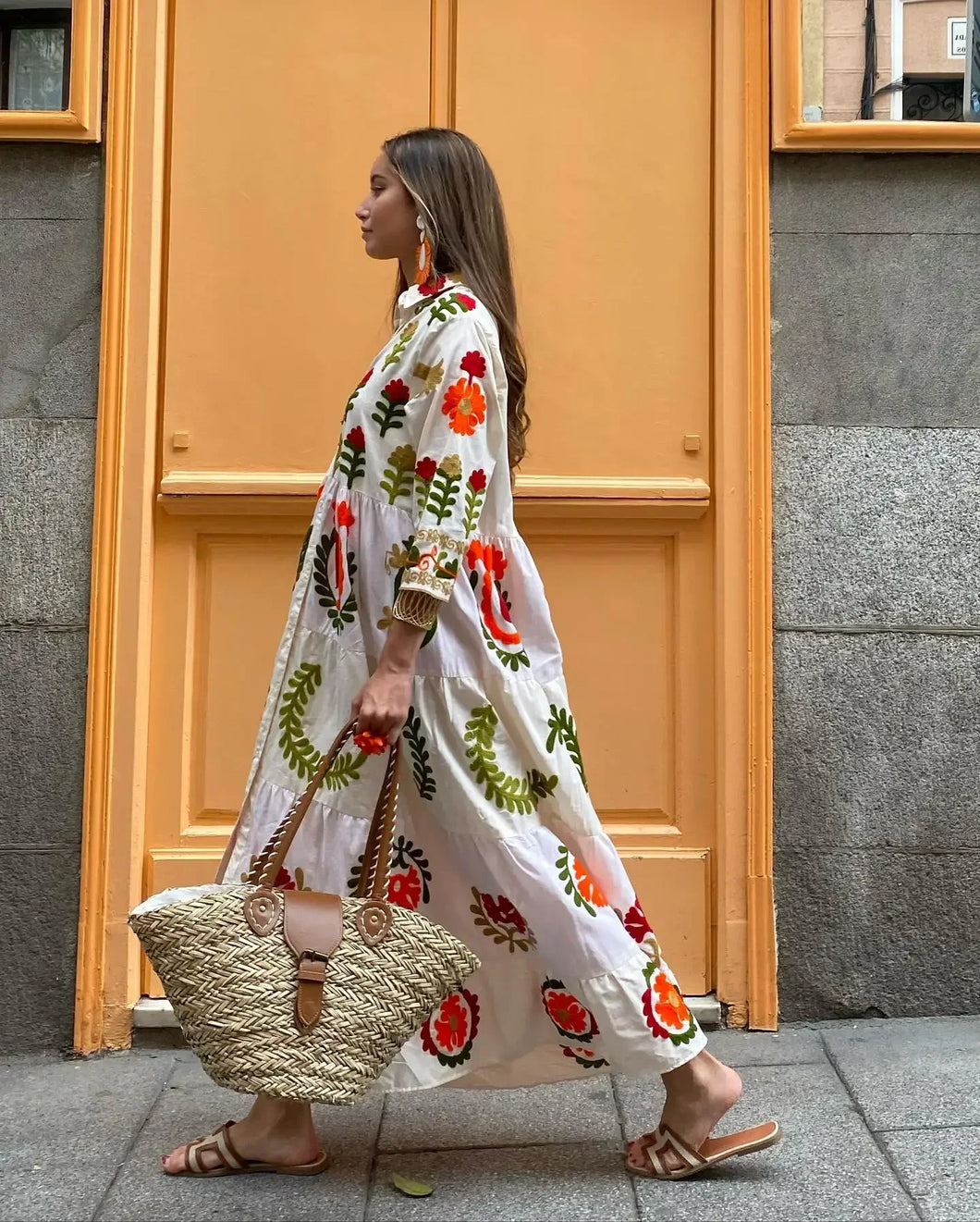 Vintage Flower Print Single Breasted Long Dress Women Elegant Lapel Half Sleeves Loose Hem Dresses 2024 Female Vocation Vestidos