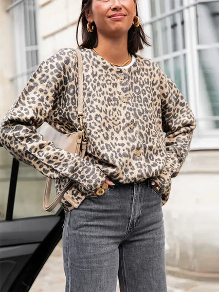 Vintage Leopard Print Single Breasted Women's Cardigan Fashion O Neck Long Sleeved Short Cardigans 2024 Casual Lady Streetwear