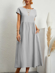 Vintage Solid Midi Dress Casual Short Sleeve Cotton and Linen Harajuku Oversized Long Dress Women Summer Y2K Maxi Sundress 2023