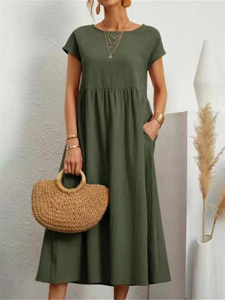 Vintage Solid Midi Dress Casual Short Sleeve Cotton and Linen Harajuku Oversized Long Dress Women Summer Y2K Maxi Sundress 2023