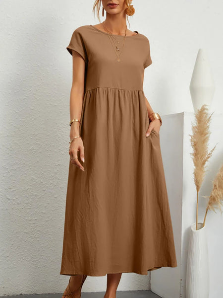 Vintage Solid Midi Dress Casual Short Sleeve Cotton and Linen Harajuku Oversized Long Dress Women Summer Y2K Maxi Sundress 2023
