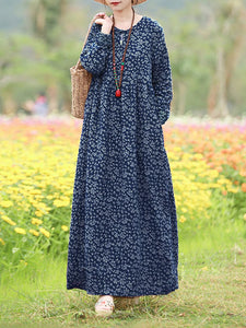 Vintage Women's Printed Dress Spring Sundress Casual Long Sleeve Maxi Vestidos Female Floral Hollow Robe Oversized