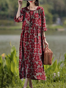 Vintage Women's Printed Dress Spring Sundress Casual Long Sleeve Maxi Vestidos Female Floral Hollow Robe Oversized