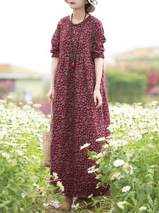 Vintage Women's Printed Dress Spring Sundress Casual Long Sleeve Maxi Vestidos Female Floral Hollow Robe Oversized