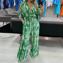 Load image into Gallery viewer, Wefads Women Jumpsuit Dolman Sleeves V Neck Lace Up Nipped Waist Printing Loose Wide Legs Casual Pants Romper High Streetwear
