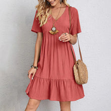 Load image into Gallery viewer, Women Mini Dress Summer Casual Solid V Neck Ruffles A-line Dress Female Fashion Holiday Boho Loose Beach Elegant Dresses Vestido
