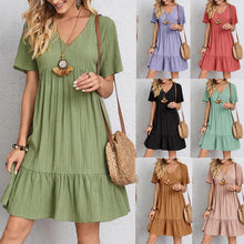 Load image into Gallery viewer, Women Mini Dress Summer Casual Solid V Neck Ruffles A-line Dress Female Fashion Holiday Boho Loose Beach Elegant Dresses Vestido
