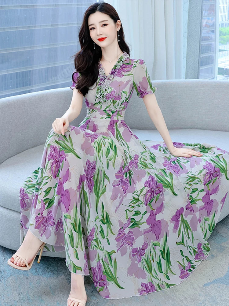 Womens Korean Floral Long Sleeves Skirt Chiffon Maxi Summer Fashion Beach  Dress