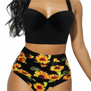 Women Push Up Bikini Set Summer Sexy Slim Flower Print Female High Waist Swimming Suits