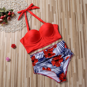 Women Push Up Bikini Set Summer Sexy Slim Flower Print Female High Waist Swimming Suits