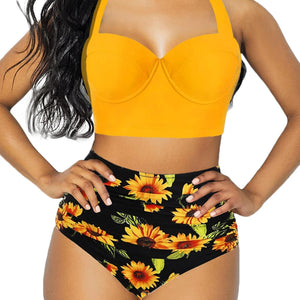 Women Push Up Bikini Set Summer Sexy Slim Flower Print Female High Waist Swimming Suits