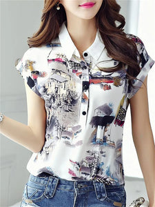 Women Spring Summer Style Chiffon Blouses Shirt Lady Casual Short Sleeve Turn-down Collar Printed Casual Loose Tops DF3548