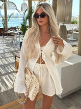 Load image into Gallery viewer, Women White Linen Tulle Lace Up Long Sleeve Blouse Sets Summer Fashion High Waist Shorts 2 Pces Suit Lady Vacation Beach Outfits
