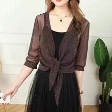 Load image into Gallery viewer, Women&#39;s Sheer Glitter Lace-up Cardigan Half Sleeve Summer Lightweight Jacket See-through Loose Blouse Women
