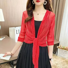 Load image into Gallery viewer, Women&#39;s Sheer Glitter Lace-up Cardigan Half Sleeve Summer Lightweight Jacket See-through Loose Blouse Women
