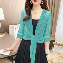 Load image into Gallery viewer, Women&#39;s Sheer Glitter Lace-up Cardigan Half Sleeve Summer Lightweight Jacket See-through Loose Blouse Women
