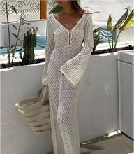 Load image into Gallery viewer, Yiiciovy Sexy Women Long Knit Beach Dress Hollow-Out Deep V-Neck Long Sleeve Bikini Cover-Ups Dress Fall Backless Holiday Dress
