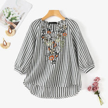 Load image into Gallery viewer, Fashion V Neck 3/4 Sleeve Embroidery Floral Blouse Women Summer Bohemian Striped Tops Casual Holiday Shirt Work Blusas
