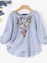 Load image into Gallery viewer, Fashion V Neck 3/4 Sleeve Embroidery Floral Blouse Women Summer Bohemian Striped Tops Casual Holiday Shirt Work Blusas
