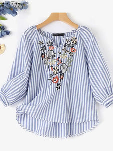 Fashion V Neck 3/4 Sleeve Embroidery Floral Blouse Women Summer Bohemian Striped Tops Casual Holiday Shirt Work Blusas
