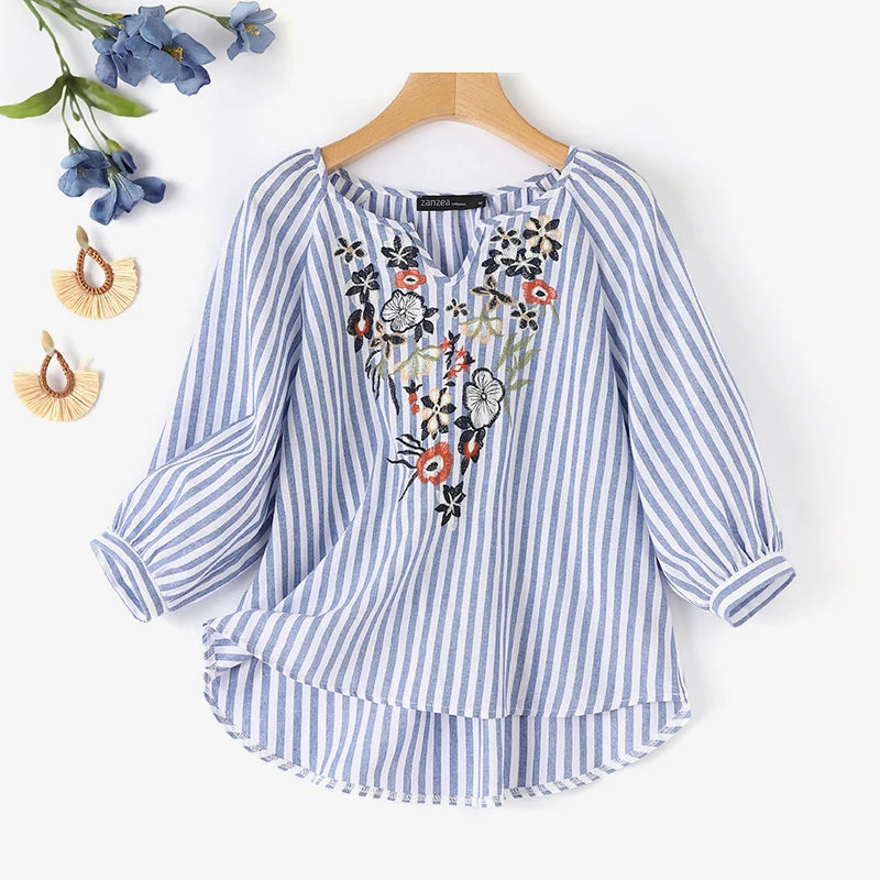 Fashion V Neck 3/4 Sleeve Embroidery Floral Blouse Women Summer Bohemian Striped Tops Casual Holiday Shirt Work Blusas