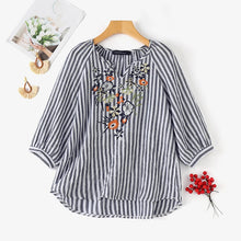 Load image into Gallery viewer, Fashion V Neck 3/4 Sleeve Embroidery Floral Blouse Women Summer Bohemian Striped Tops Casual Holiday Shirt Work Blusas
