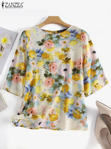 Women Cotton Linen Blouses 2024 Summer Bohemian Floral Printed Blusas Fashion 3/4 Sleeve O-Neck Top Casual Loose Shirts