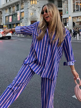 Load image into Gallery viewer, Women&#39;s Oversized Striped Shirt Pants Suit Lapel Long Sleeves Top High Elastic Waist Pockets Straight Leg Pant Female Set
