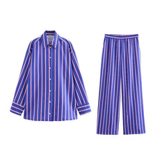 Load image into Gallery viewer, Women&#39;s Oversized Striped Shirt Pants Suit Lapel Long Sleeves Top High Elastic Waist Pockets Straight Leg Pant Female Set
