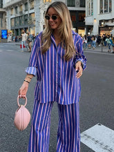 Load image into Gallery viewer, Women&#39;s Oversized Striped Shirt Pants Suit Lapel Long Sleeves Top High Elastic Waist Pockets Straight Leg Pant Female Set
